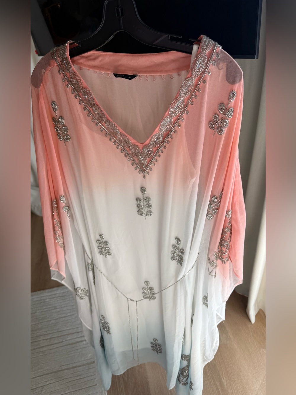 Beaded Ombre V-Neck Tunic Dress - Peach to Blue